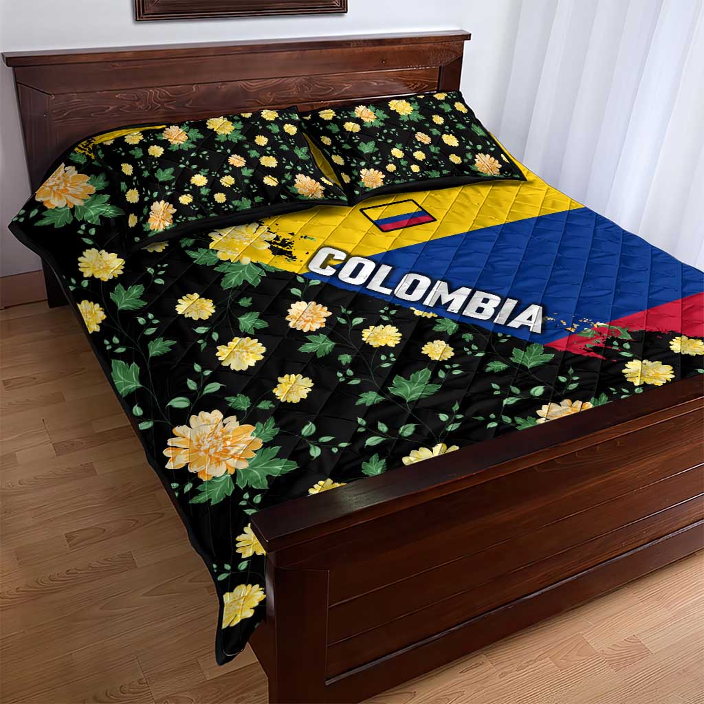 Colombia Yellow Flower Pattern Quilt Bed Set with Flag Colors and Floree de Libertad Design - Wonder Print Shop