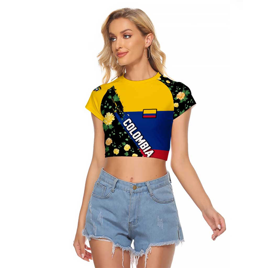 Colombia Yellow Flower Pattern Raglan Cropped T Shirt with Flag Colors and Floree de Libertad Design - Wonder Print Shop