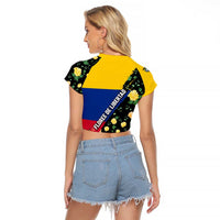 Colombia Yellow Flower Pattern Raglan Cropped T Shirt with Flag Colors and Floree de Libertad Design - Wonder Print Shop