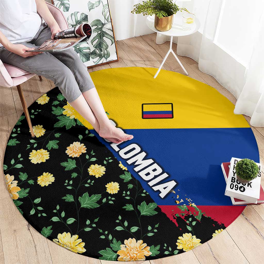 Colombia Yellow Flower Pattern Round Carpet with Flag Colors and Floree de Libertad Design - Wonder Print Shop