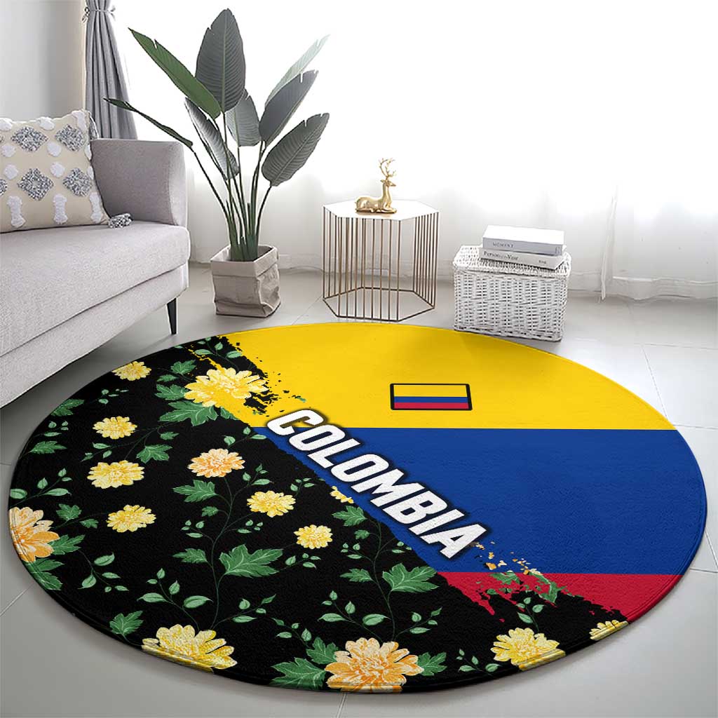 Colombia Yellow Flower Pattern Round Carpet with Flag Colors and Floree de Libertad Design - Wonder Print Shop