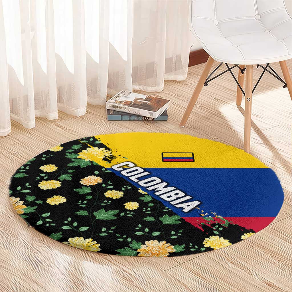Colombia Yellow Flower Pattern Round Carpet with Flag Colors and Floree de Libertad Design - Wonder Print Shop