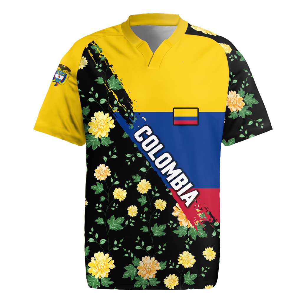 Colombia Yellow Flower Pattern Rugby Jersey with Flag Colors and Floree de Libertad Design - Wonder Print Shop