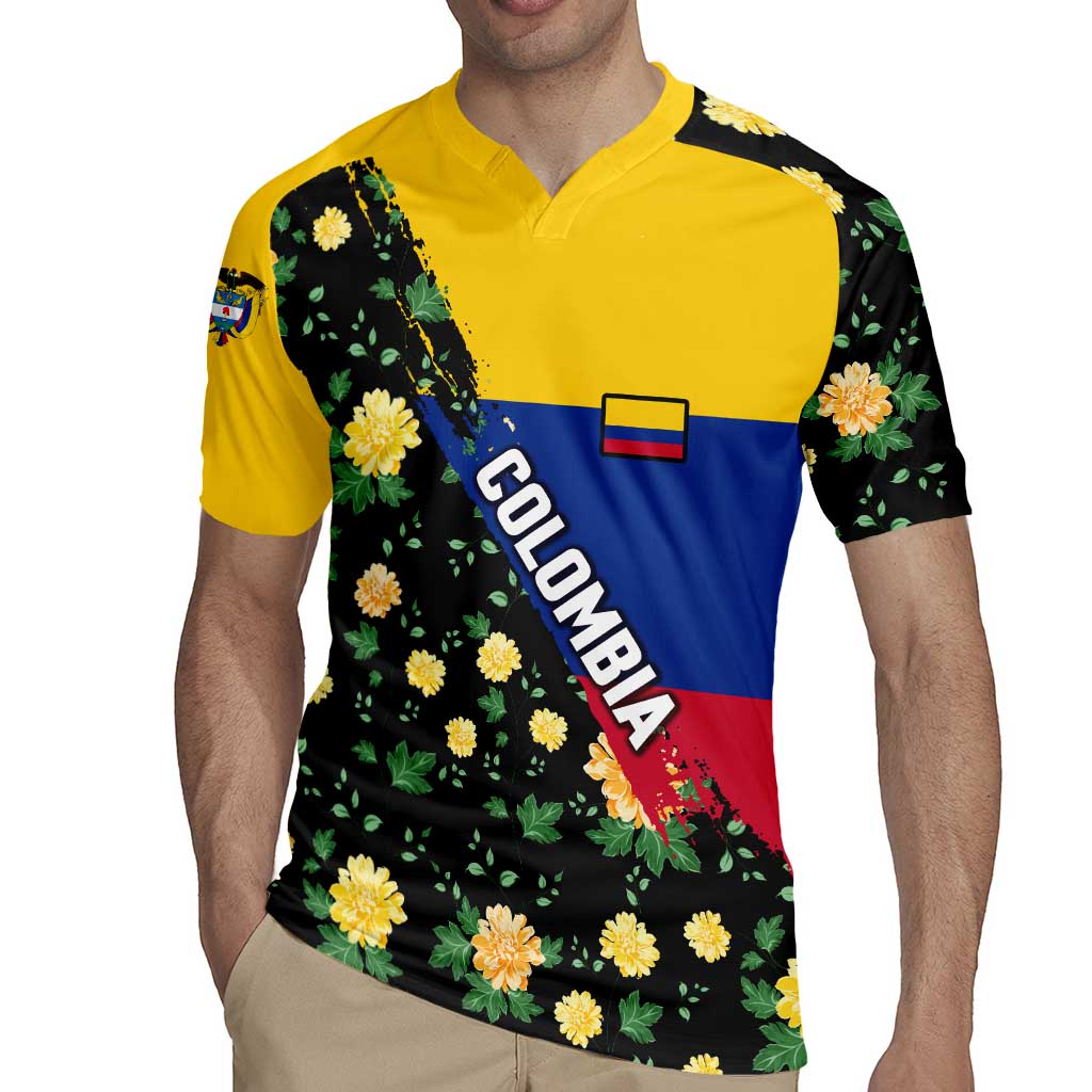 Colombia Yellow Flower Pattern Rugby Jersey with Flag Colors and Floree de Libertad Design - Wonder Print Shop