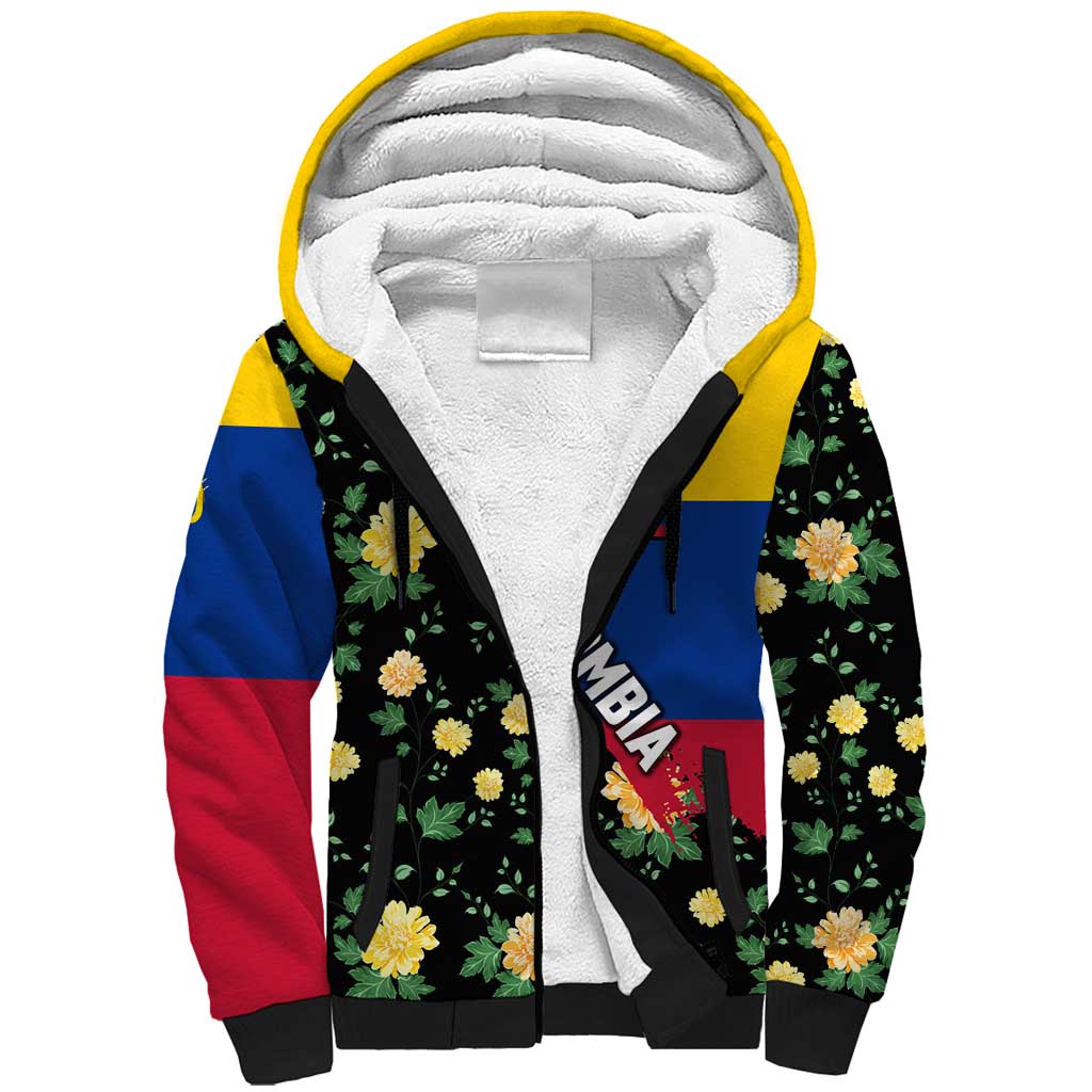 Colombia Yellow Flower Pattern Sherpa Hoodie with Flag Colors and Floree de Libertad Design - Wonder Print Shop