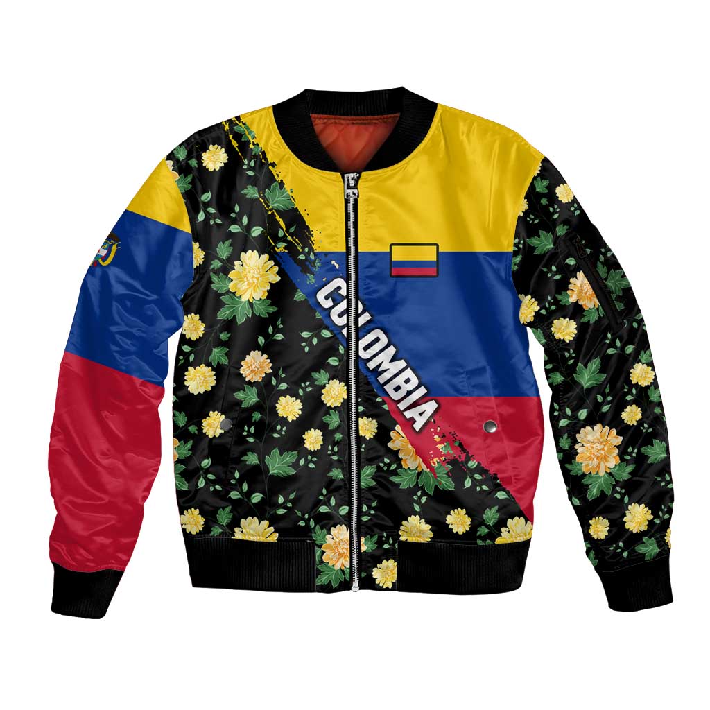Colombia Yellow Flower Pattern Sleeve Zip Bomber Jacket with Flag Colors and Floree de Libertad Design - Wonder Print Shop