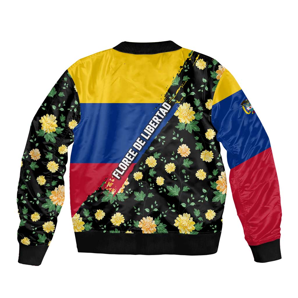 Colombia Yellow Flower Pattern Sleeve Zip Bomber Jacket with Flag Colors and Floree de Libertad Design - Wonder Print Shop