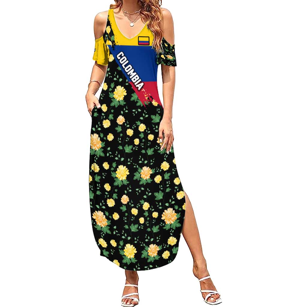 Colombia Yellow Flower Pattern Summer Maxi Dress with Flag Colors and Floree de Libertad Design - Wonder Print Shop