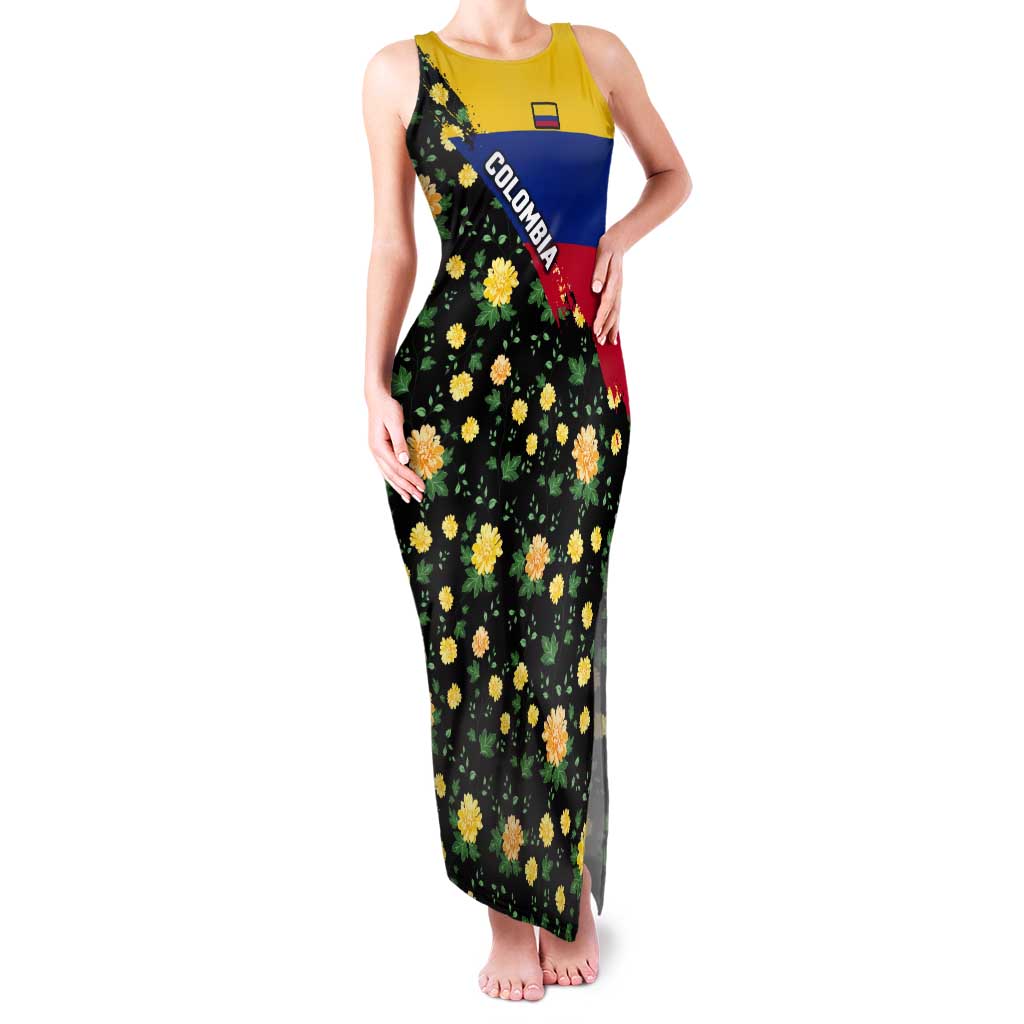 Colombia Yellow Flower Pattern Tank Maxi Dress with Flag Colors and Floree de Libertad Design - Wonder Print Shop