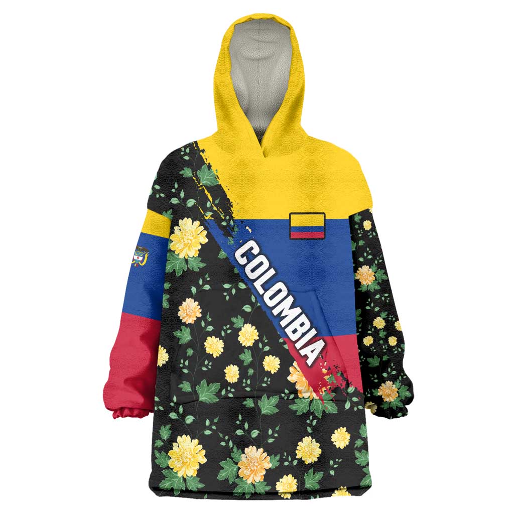 Colombia Yellow Flower Pattern Wearable Blanket Hoodie with Flag Colors and Floree de Libertad Design - Wonder Print Shop