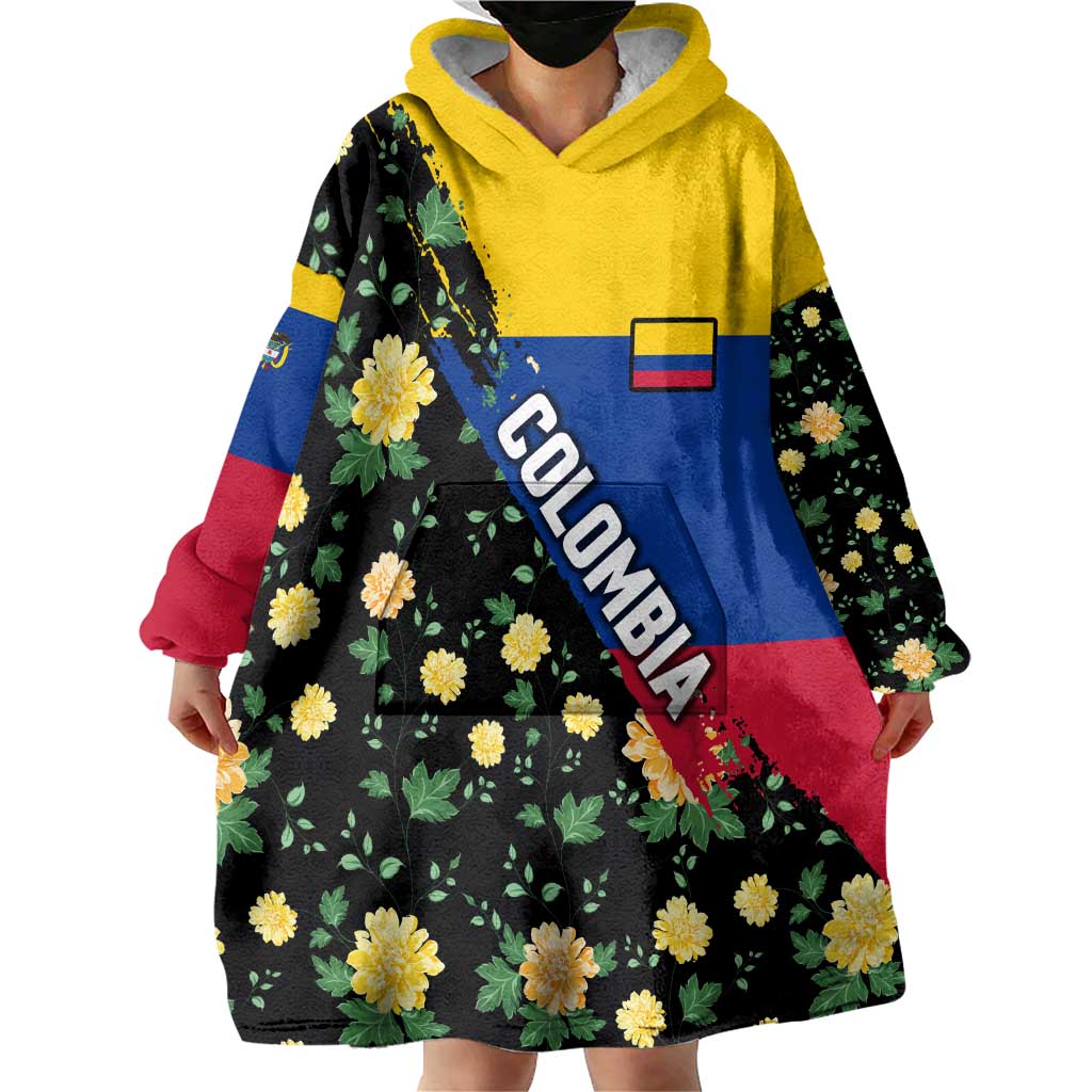 Colombia Yellow Flower Pattern Wearable Blanket Hoodie with Flag Colors and Floree de Libertad Design - Wonder Print Shop