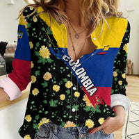 Colombia Yellow Flower Pattern Women Casual Shirt with Flag Colors and Floree de Libertad Design - Wonder Print Shop