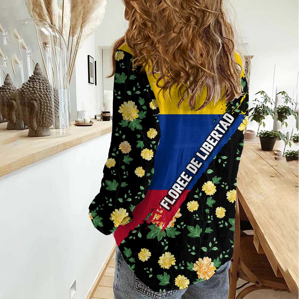 Colombia Yellow Flower Pattern Women Casual Shirt with Flag Colors and Floree de Libertad Design - Wonder Print Shop