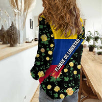 Colombia Yellow Flower Pattern Women Casual Shirt with Flag Colors and Floree de Libertad Design - Wonder Print Shop