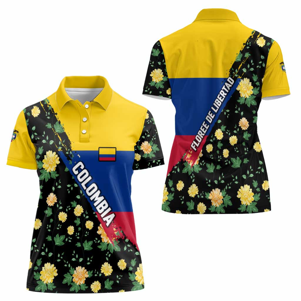 Colombia Yellow Flower Pattern Women Polo Shirt with Flag Colors and Floree de Libertad Design - Wonder Print Shop