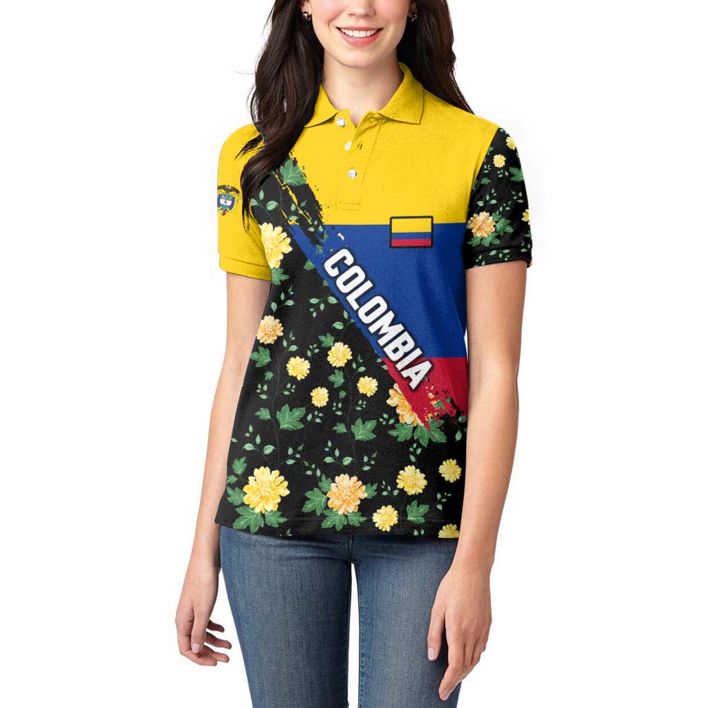 Colombia Yellow Flower Pattern Women Polo Shirt with Flag Colors and Floree de Libertad Design - Wonder Print Shop