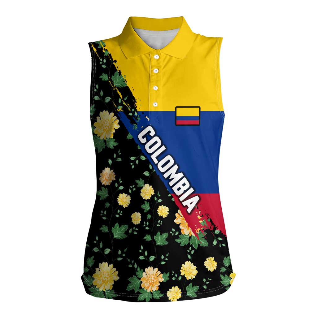 Colombia Yellow Flower Pattern Women Sleeveless Polo Shirt with Flag Colors and Floree de Libertad Design - Wonder Print Shop
