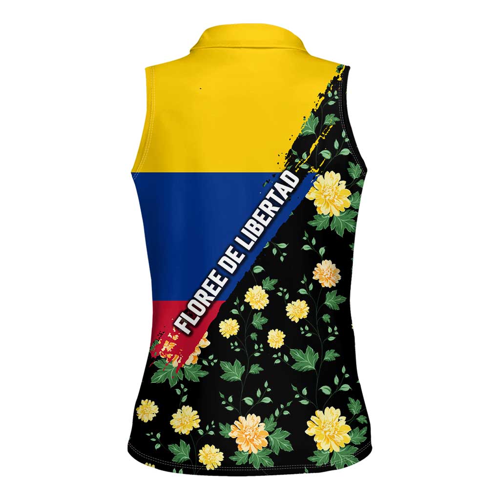 Colombia Yellow Flower Pattern Women Sleeveless Polo Shirt with Flag Colors and Floree de Libertad Design - Wonder Print Shop