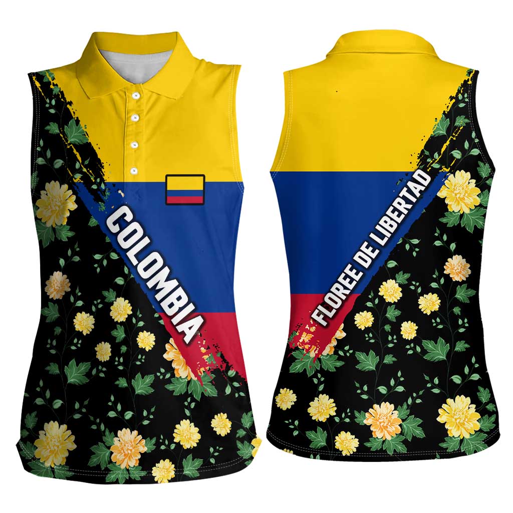 Colombia Yellow Flower Pattern Women Sleeveless Polo Shirt with Flag Colors and Floree de Libertad Design - Wonder Print Shop