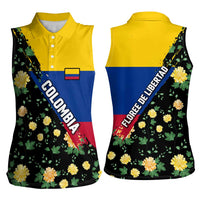 Colombia Yellow Flower Pattern Women Sleeveless Polo Shirt with Flag Colors and Floree de Libertad Design - Wonder Print Shop