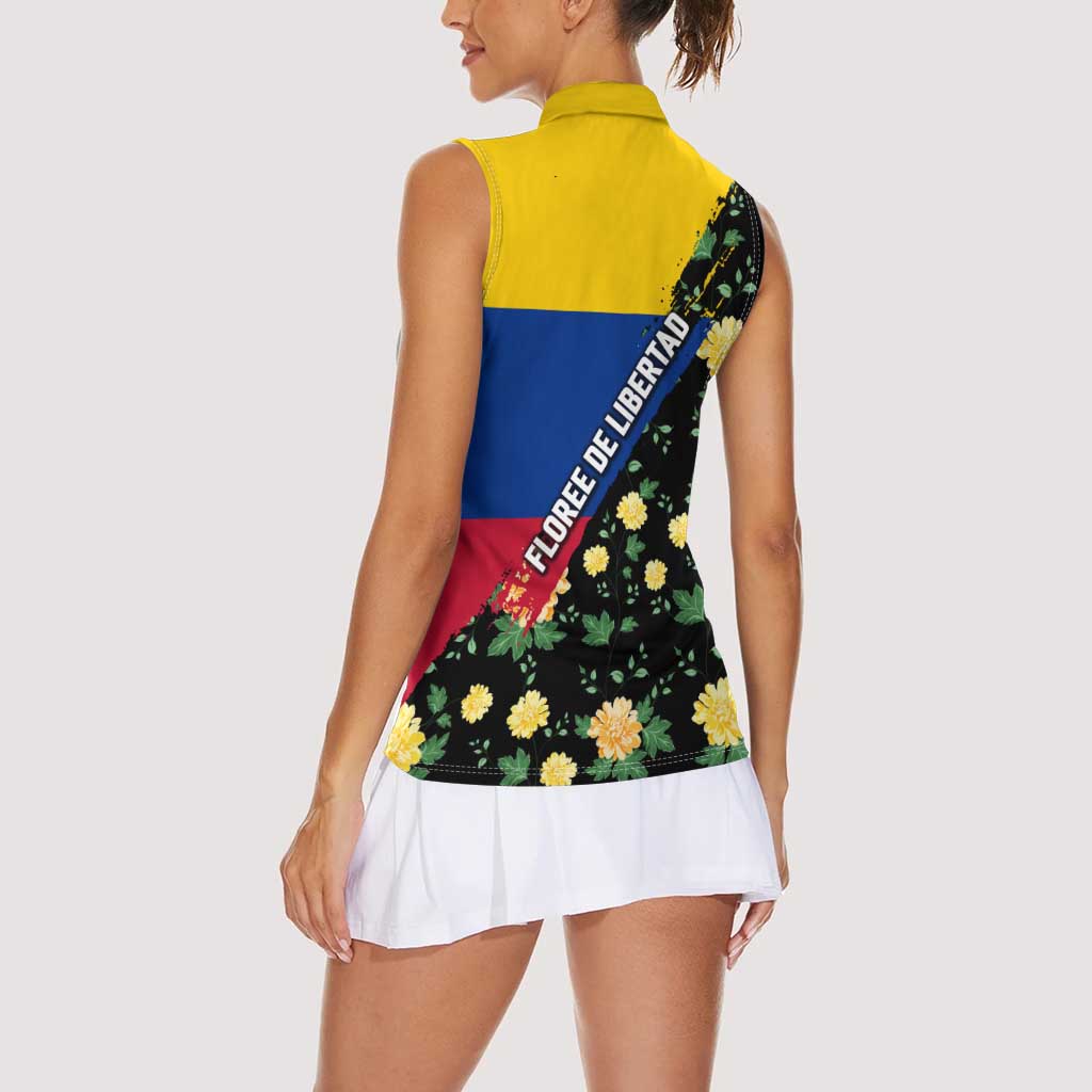 Colombia Yellow Flower Pattern Women Sleeveless Polo Shirt with Flag Colors and Floree de Libertad Design - Wonder Print Shop