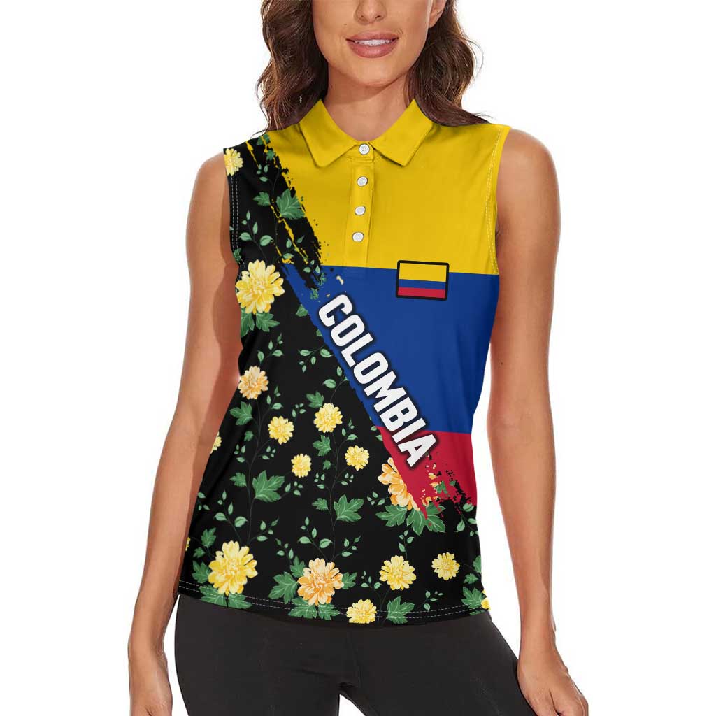 Colombia Yellow Flower Pattern Women Sleeveless Polo Shirt with Flag Colors and Floree de Libertad Design - Wonder Print Shop