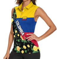 Colombia Yellow Flower Pattern Women Sleeveless Polo Shirt with Flag Colors and Floree de Libertad Design - Wonder Print Shop
