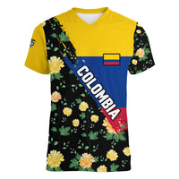 Colombia Yellow Flower Pattern Women V-Neck T-Shirt with Flag Colors and Floree de Libertad Design - Wonder Print Shop