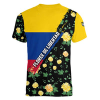 Colombia Yellow Flower Pattern Women V-Neck T-Shirt with Flag Colors and Floree de Libertad Design - Wonder Print Shop