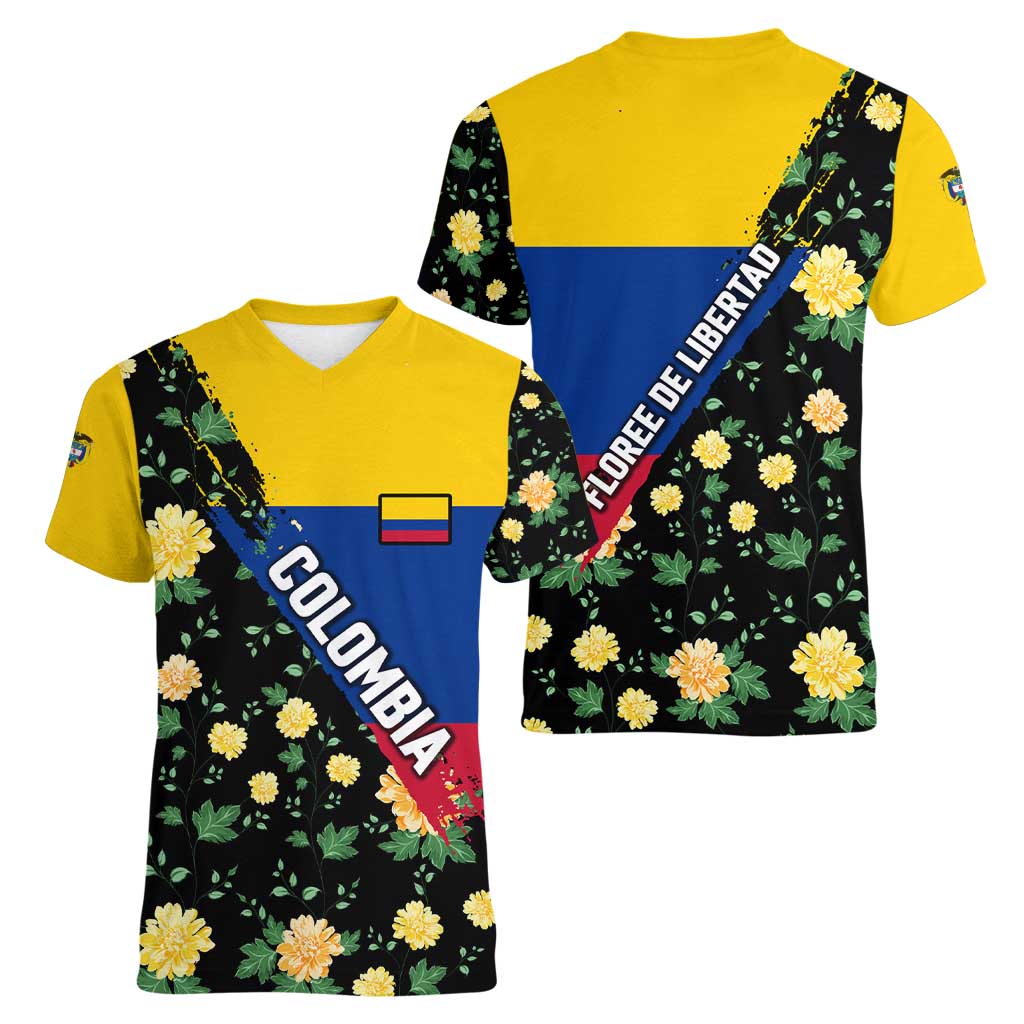 Colombia Yellow Flower Pattern Women V-Neck T-Shirt with Flag Colors and Floree de Libertad Design - Wonder Print Shop
