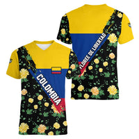 Colombia Yellow Flower Pattern Women V-Neck T-Shirt with Flag Colors and Floree de Libertad Design - Wonder Print Shop