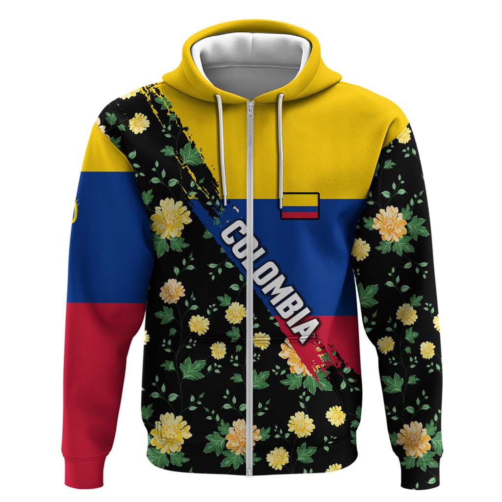 Colombia Yellow Flower Pattern Zip Hoodie with Flag Colors and Floree de Libertad Design - Wonder Print Shop