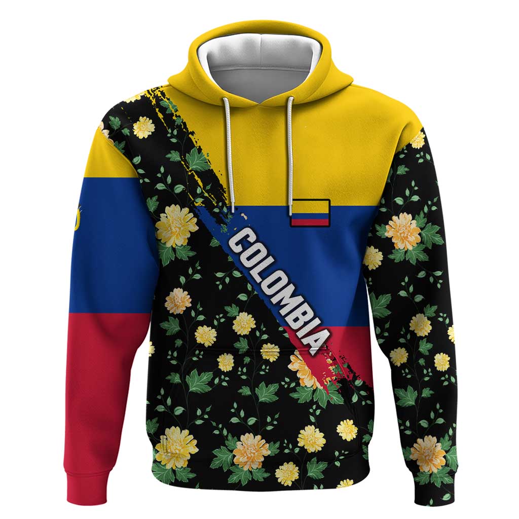 Colombia Yellow Flower Pattern Zip Hoodie with Flag Colors and Floree de Libertad Design - Wonder Print Shop