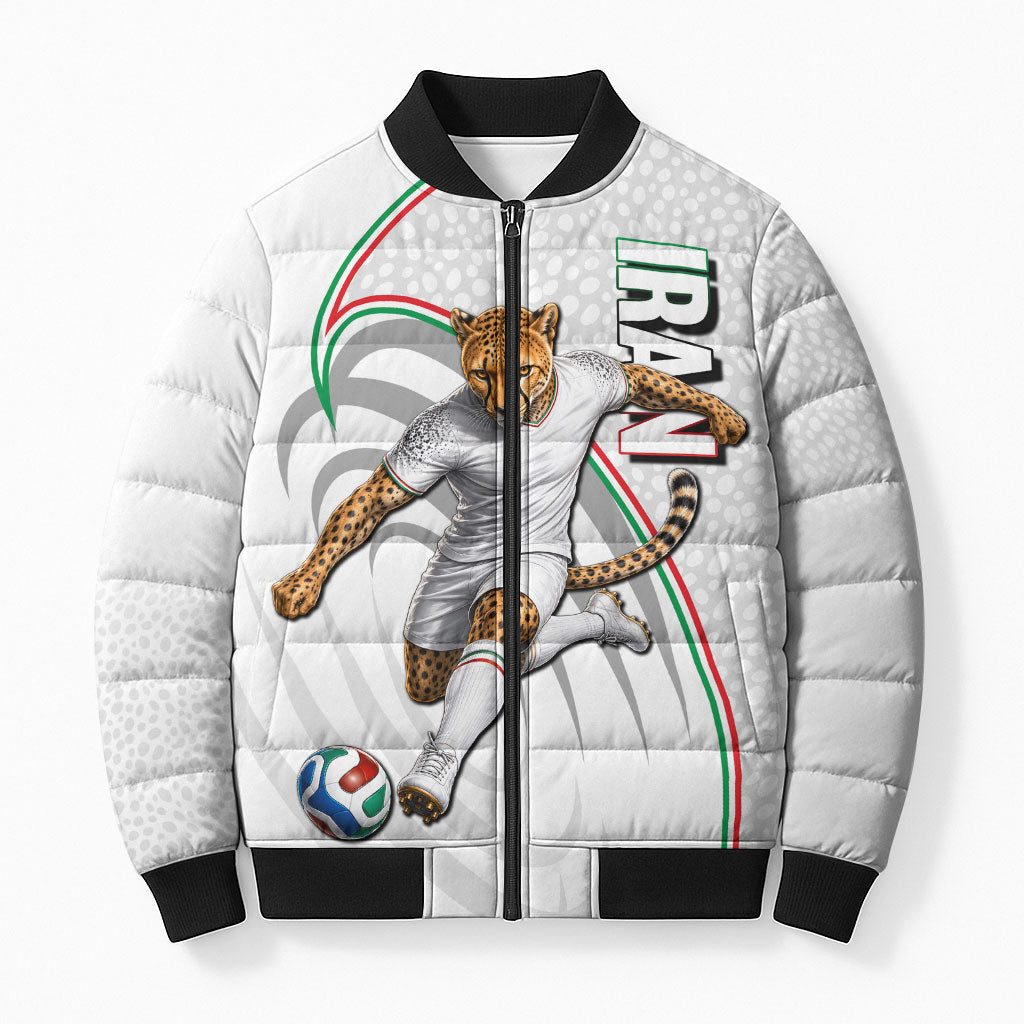 Personalized Iran Football Cheetah Bomber Puffer Jacket Team Melli Persian Soccer Graphic Art