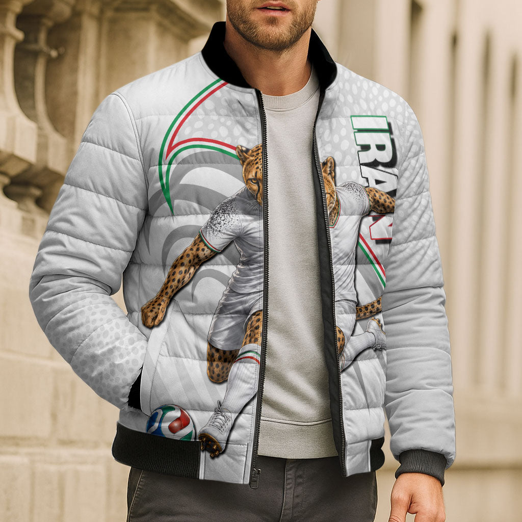 Personalized Iran Football Cheetah Bomber Puffer Jacket Team Melli Persian Soccer Graphic Art
