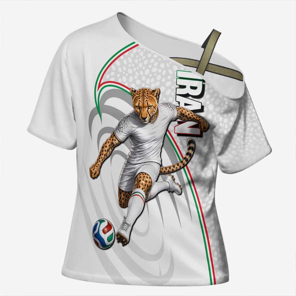 Personalized Iran Football Cheetah Cross Shoulder Shirt Team Melli Persian Soccer Graphic Art