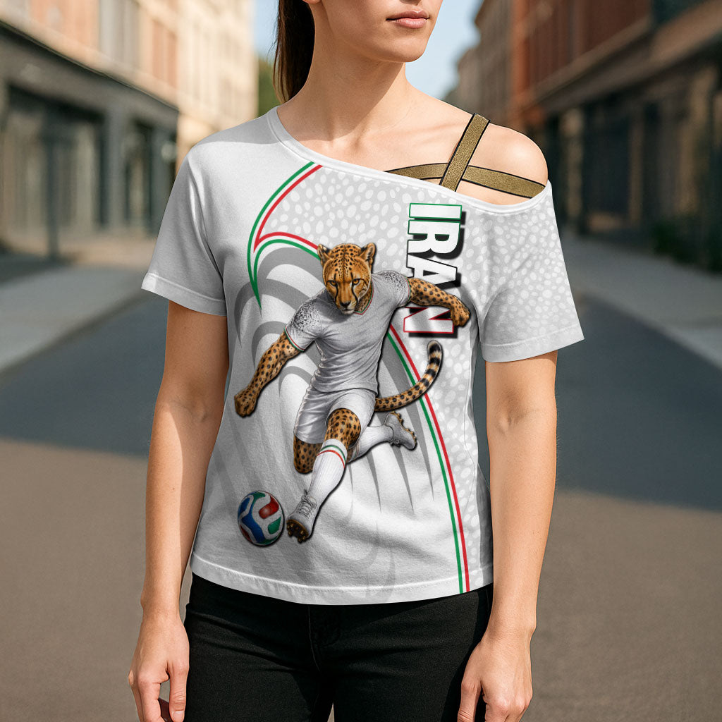 Personalized Iran Football Cheetah Cross Shoulder Shirt Team Melli Persian Soccer Graphic Art