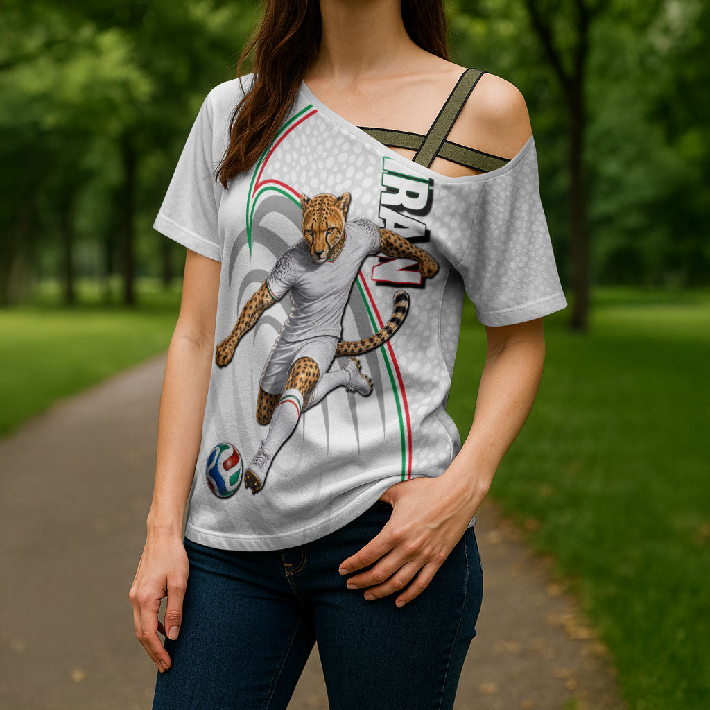Personalized Iran Football Cheetah Cross Shoulder Shirt Team Melli Persian Soccer Graphic Art