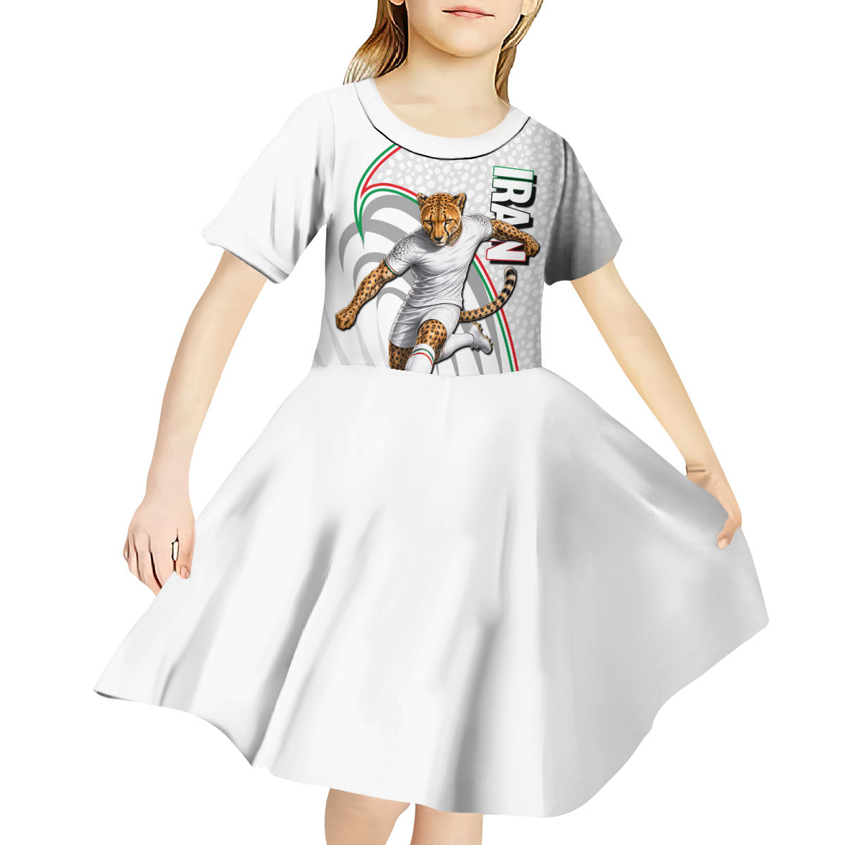 Personalized Iran Football Cheetah Kid Short Sleeve Dress Team Melli Persian Soccer Graphic Art