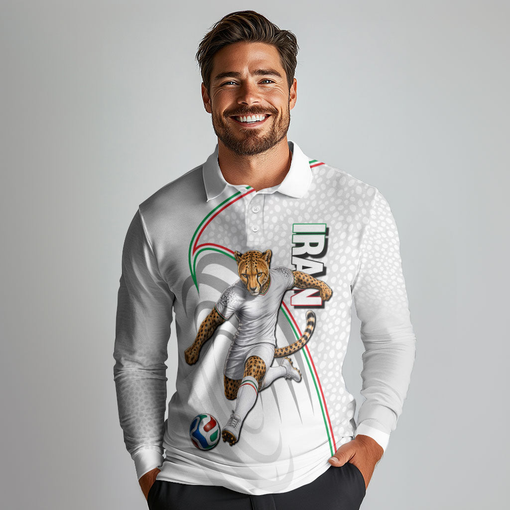 Personalized Iran Football Cheetah Long Sleeve Polo Shirt Team Melli Persian Soccer Graphic Art
