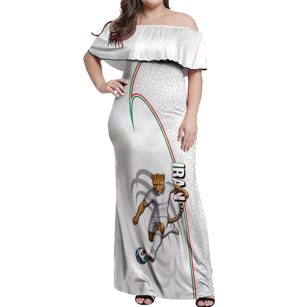 Personalized Iran Football Cheetah Off Shoulder Maxi Dress Team Melli Persian Soccer Graphic Art