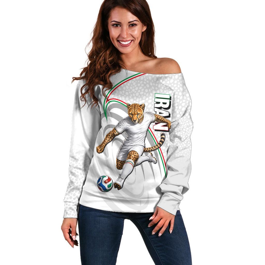 Personalized Iran Football Cheetah Off Shoulder Sweater Team Melli Persian Soccer Graphic Art
