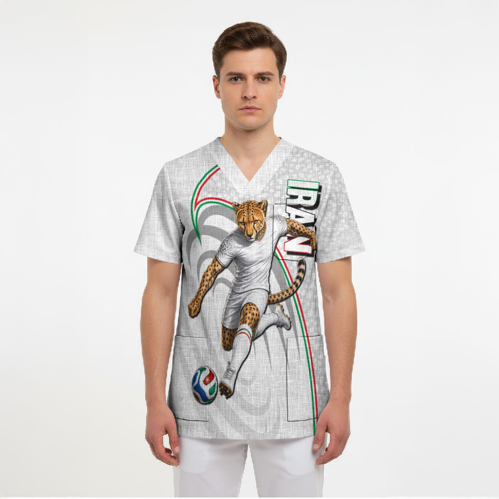 Personalized Iran Football Cheetah Scrub Top Team Melli Persian Soccer Graphic Art