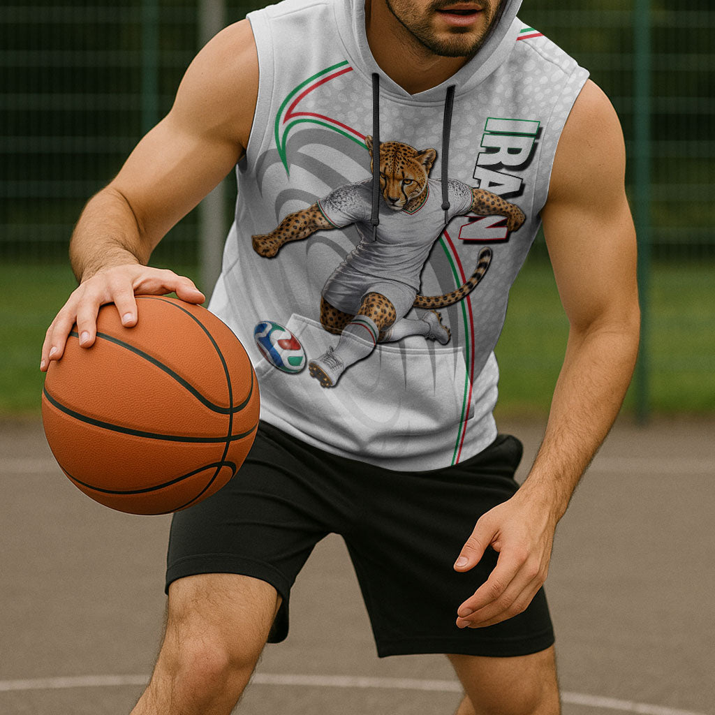 Personalized Iran Football Cheetah Sleeveless Hoodie Team Melli Persian Soccer Graphic Art