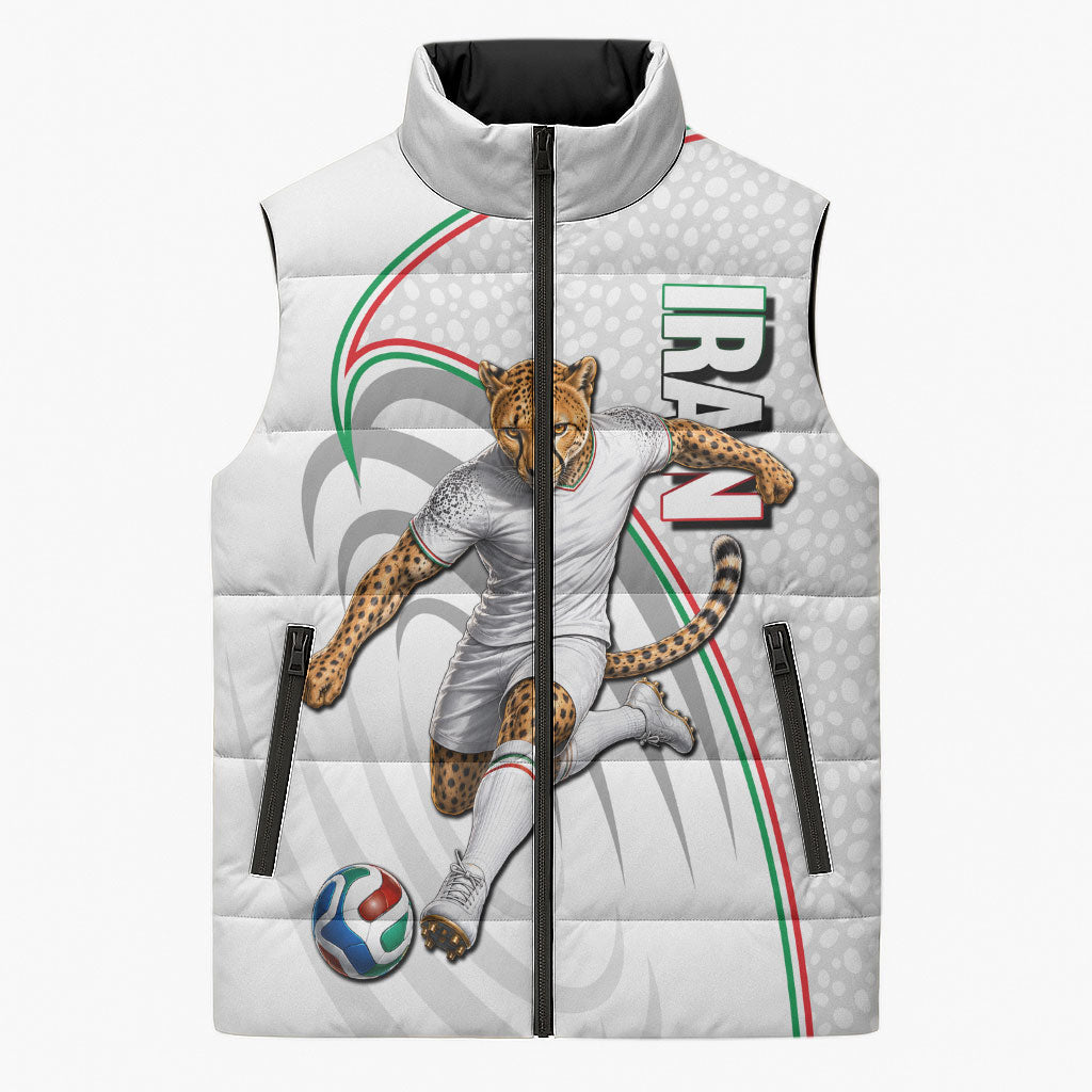 Personalized Iran Football Cheetah Sleeveless Puffer Jacket Team Melli Persian Soccer Graphic Art