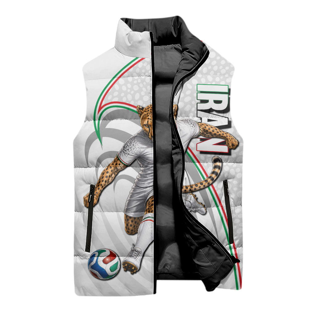 Personalized Iran Football Cheetah Sleeveless Puffer Jacket Team Melli Persian Soccer Graphic Art