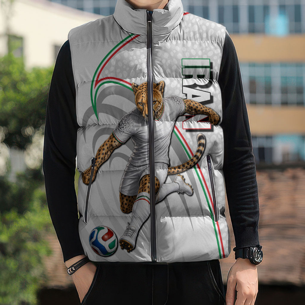 Personalized Iran Football Cheetah Sleeveless Puffer Jacket Team Melli Persian Soccer Graphic Art