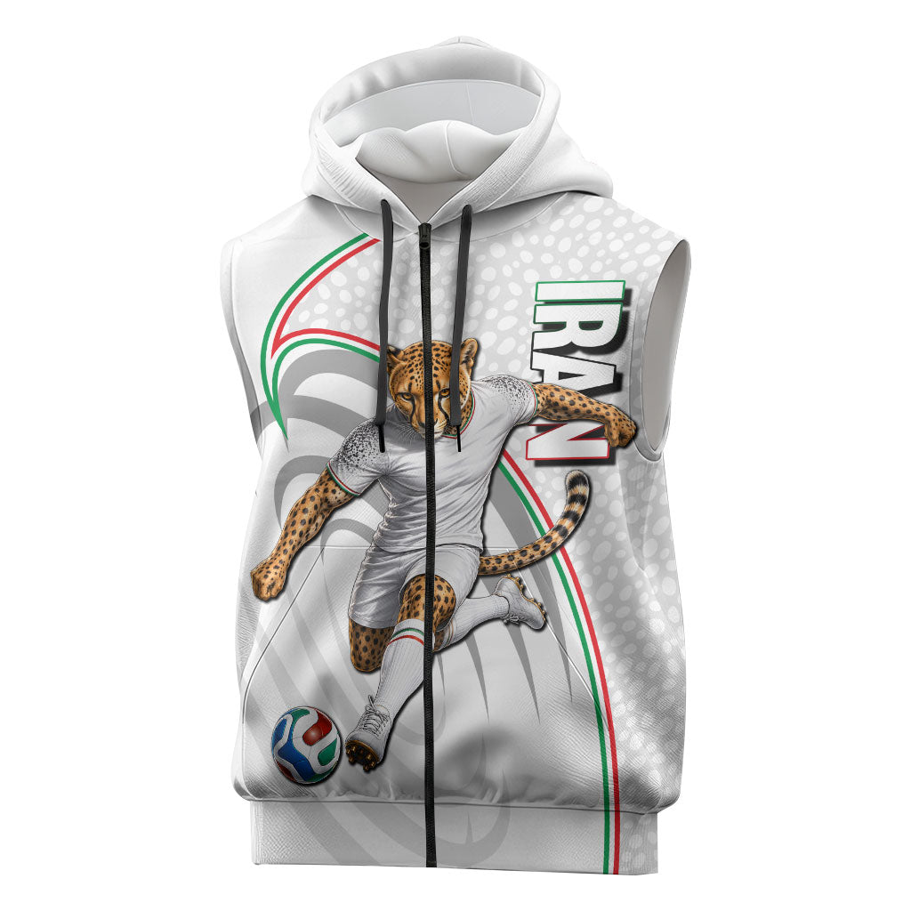 Personalized Iran Football Cheetah Sleeveless Zip Hoodie Team Melli Persian Soccer Graphic Art