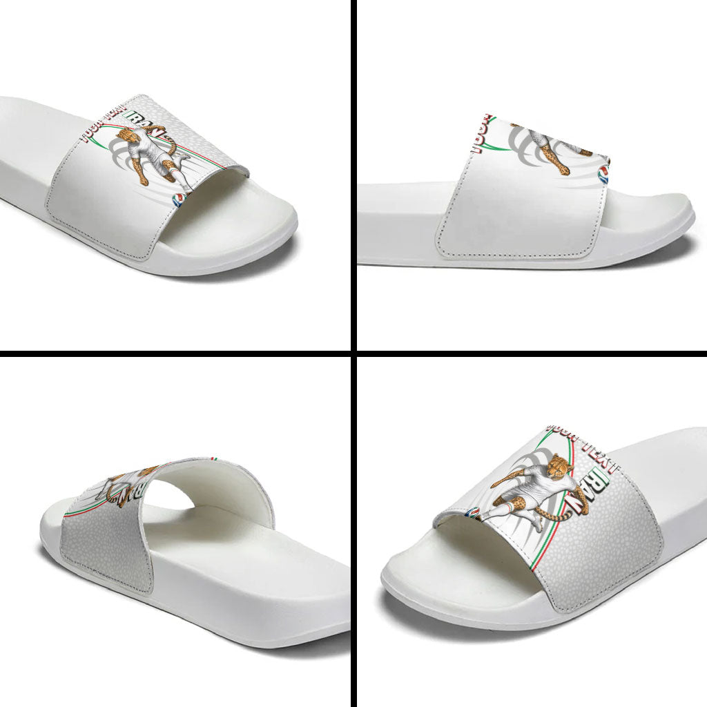 Personalized Iran Football Cheetah Slide Sandals Team Melli Persian Soccer Graphic Art