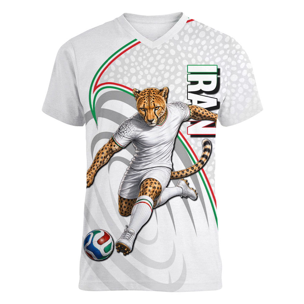 Personalized Iran Football Cheetah Women V-Neck T-Shirt Team Melli Persian Soccer Graphic Art